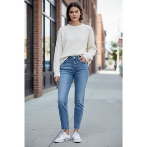 Free People Mid-Rise Skinny Jeans Medium Wash Button Fly Raw Hem Womens Size 28